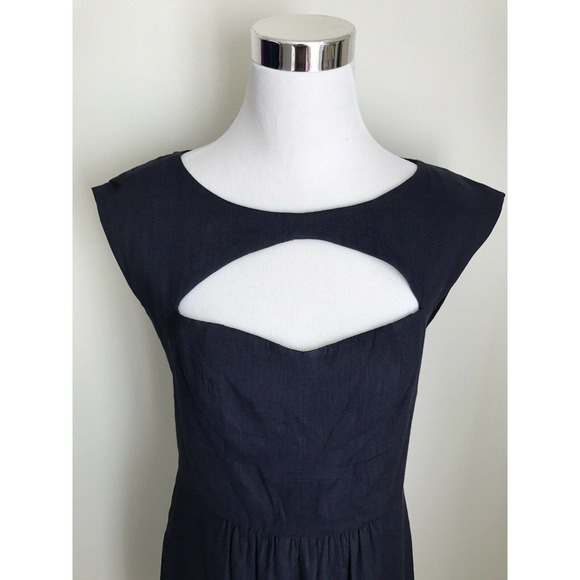 Rebecca Taylor Linen Blend Sheath Dress Navy Peekaboo Neckline Cutout Size 10 - Picture 2 of 12